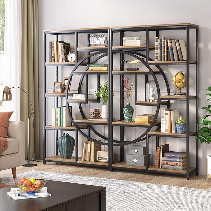 Tribesigns Bookshelf Industrial 5 Tier Etagere Bookcase, Freestanding Tall Bookshelves Display Shelf Storage Organizer with 9-Open Storage Shelf for Living Room, Bedroom (Light Oak, 2 Pack)