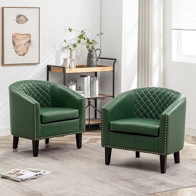 KINWELL 29" W Faux Leather Barrel Chairs Set of 2, Modern PU Upholstered Tufted Club Chairs with Nailhead Trim, Small Armchairs Accent Chairs for Living Room Bedroom Apartment Lounge Nursery, Green