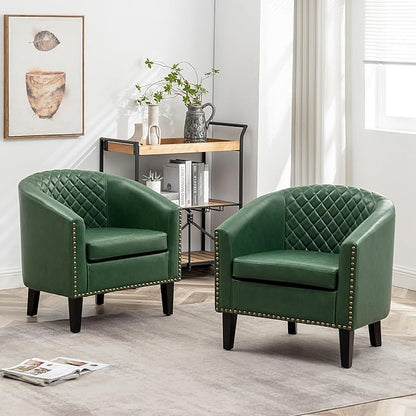 KINWELL 29" W Faux Leather Barrel Chairs Set of 2, Modern PU Upholstered Tufted Club Chairs with Nailhead Trim, Small Armchairs Accent Chairs for Living Room Bedroom Apartment Lounge Nursery, Green