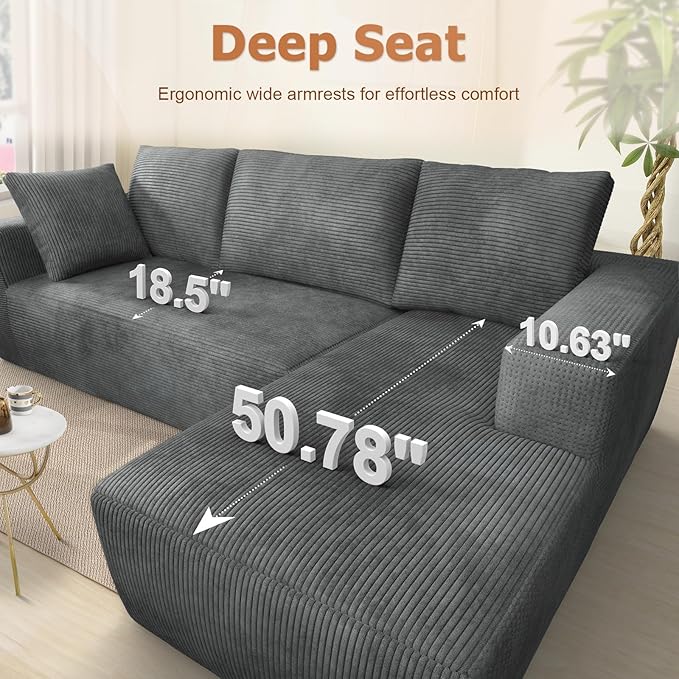 108” Cloud Sectional Couch, Modular Sectional Sofa with Deep Seat, Corduroy Boneless Couches with Chaise for Living Room Bedroom, No Assembly Required