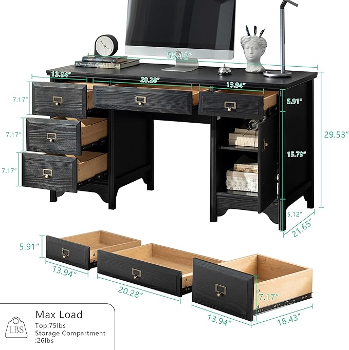 Chogori 55" Solid Wood Executive Desk, Farmhouse Office Computer Desk with 5 Drawers & Storage Cabinet, Wooden Writing Table for Home Office Study Bedroom, Black
