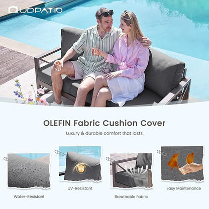 UDPATIO 5 Piece Aluminum Patio Furniture Set with Fire Pit Table,Faux Wood Patio Conversation Set with Olefin Fabric Thick Cushions, Aluminum Outdoor Furniture, 600D Waterproof Cover Included, Grey