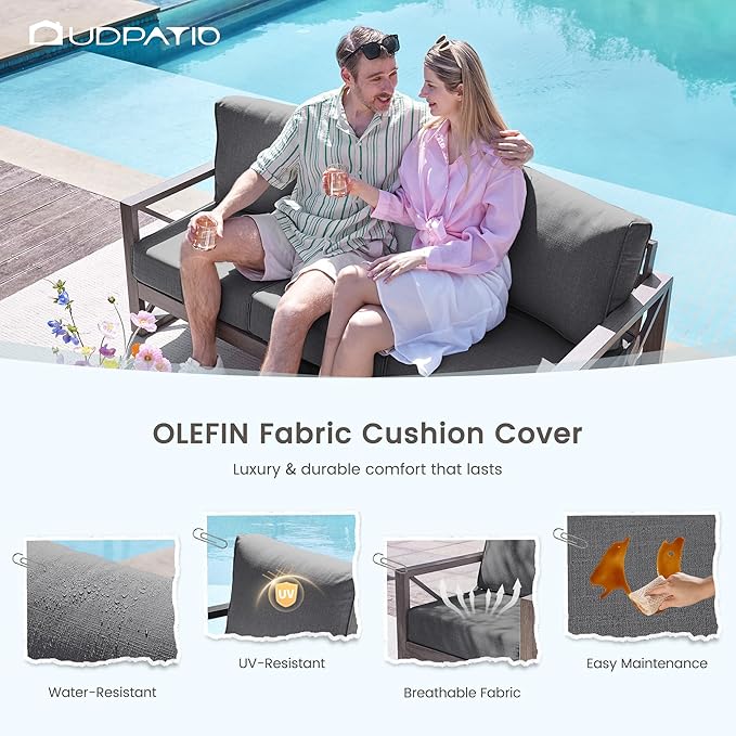 UDPATIO 5 Piece Aluminum Patio Furniture Set Faux Wood Grain Modern Outdoor Furniture Set with 6" Olefin Fabric Cushions and Coffee Table, 600D Waterproof Cover Included, Dark Grey