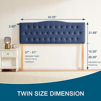 Tufted Upholstered Headboard Twin Size, Sturdy and Durable Solid Wood Twin XL headboard, Fabric Headboard Adjustable Height from 37” to 51”, Modern Button Diamond Design Head Board, Blue