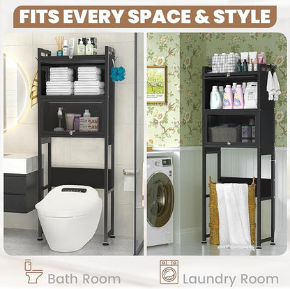 ZZL Over The Toilet Storage Cabinet,3-Tier,Bathroom Toilet Organizer,Waterproof, Cabinet Door Design,Freestanding Space Saver with 4 Hooks for Bathroom,Black