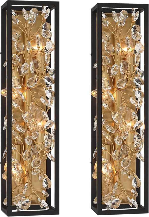 Possini Euro Design Carrine Modern Wall Lights Set of 2 Black Gold Plated Hardwired 6" 4-Light Fixture Clear Crystal Flower Vine for Bedroom Bathroom Vanity Reading Living Room Hallway House Home