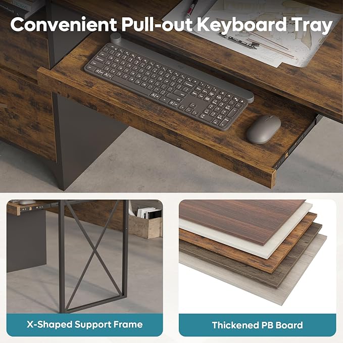 Bestier Office Desk with Drawers, 55 inch Industrial Computer Desk with Storage, Wood Teacher Desk with Keyboard Tray & File Drawer for Home Office, Rustic Brown
