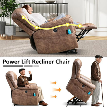 Power Lift Recliner Chair with Massage and Heat for Elderly, Faux Leather Electric Lifting Recliners with USB Port, Overstuffed Wide Reclining Sofa with Side Pockets for Living Room, Brown
