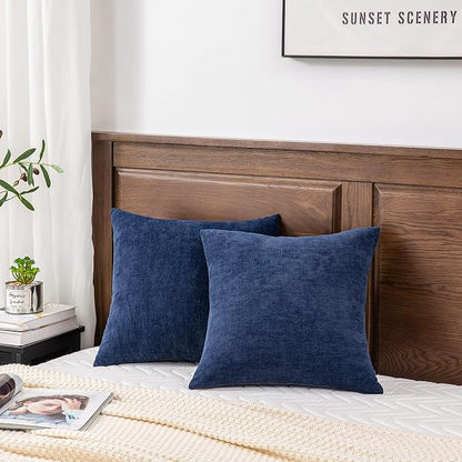 GAWAMAY Decorative Chenille Throw Pillow Covers 24x24 Inch Pack of 2, Soft Square Couch Pillow Cover for Sofa Cushion Living Room Bedroom Solid Dyed Pillowcases Navy Blue 60x60cm (ONLY Covers)