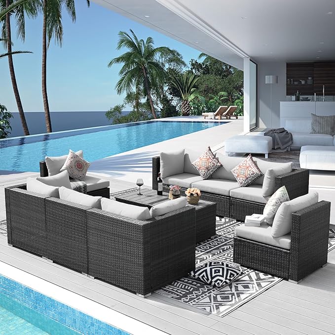 NICESOUL 10 Piece Outdoor Furniture Sofa Set, Extra Large Size Patio Modular Sectional with Side Tables, 29.3'' High Back Comfy Rattan Conversations, High-End Luxurious Grey Wicker Couches Heavy Duty