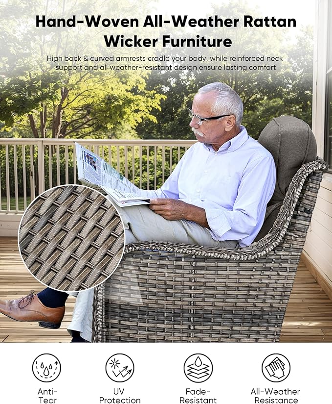 HUMMUH 6-Piece Outdoor Wicker Patio Furniture Set with Swivel Glider Chairs, 3-Seat Sofa & Ottomans 5” Olefin Cushions Ergonomic Neck-Lumbar Backrest All-Weather Rattan for Garden, Deck, Porch