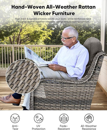 7-Piece Outdoor Wicker Patio Furniture Set with Swivel Glider Chairs,Loveseat, Coffee Table & Ottomans 5” Olefin Cushions Ergonomic Neck-Lumbar Backrest All-Weather Rattan for Garden, Deck, Porch