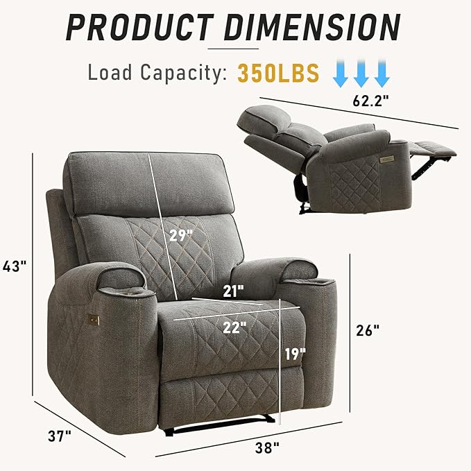 Electric Recliner Chair, Soft Fabric Power Recliners with Metal Cup Holders, Single Overstuffed Heavy Duty Reclining Sofa Chairs for Living Room Bedroom, Light Grey