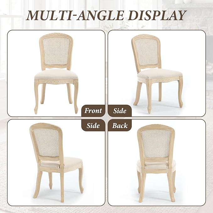 Wicker Dining Chairs Set of 2, Upholstered Linen Fabric Dining Room Chairs with Square High Rattan Back Farmhouse French Kitchen Chairs for Dining Table/Living Room/Restaurant, Cream