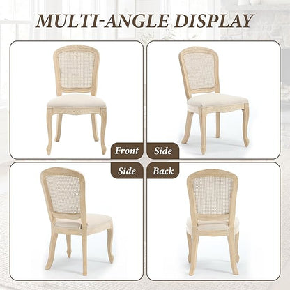 Wicker Dining Chairs Set of 2, Upholstered Linen Fabric Dining Room Chairs with Square High Rattan Back Farmhouse French Kitchen Chairs for Dining Table/Living Room/Restaurant, Cream