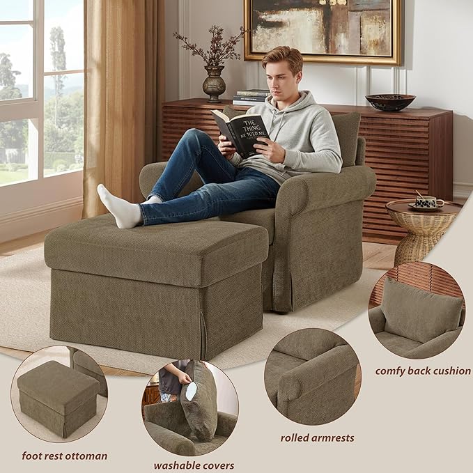 Modern Accent Chairs with Ottoman Set, Comfy Chenille Reading Armchair with Rolled Arms and Cushion Backrest, 35.8" W Chaise Lounge Chair for Living Room, Bedroom, Study, Apartment, Brown
