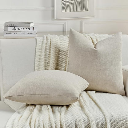 FUTEI Beige Chenille Decorative Throw Pillow Covers 12x20 Inch Set of 2,Soft Cozy Faux Linen Textured Lumbar Pillow Cases,Farmhouse Home Decor for Couch Living Room