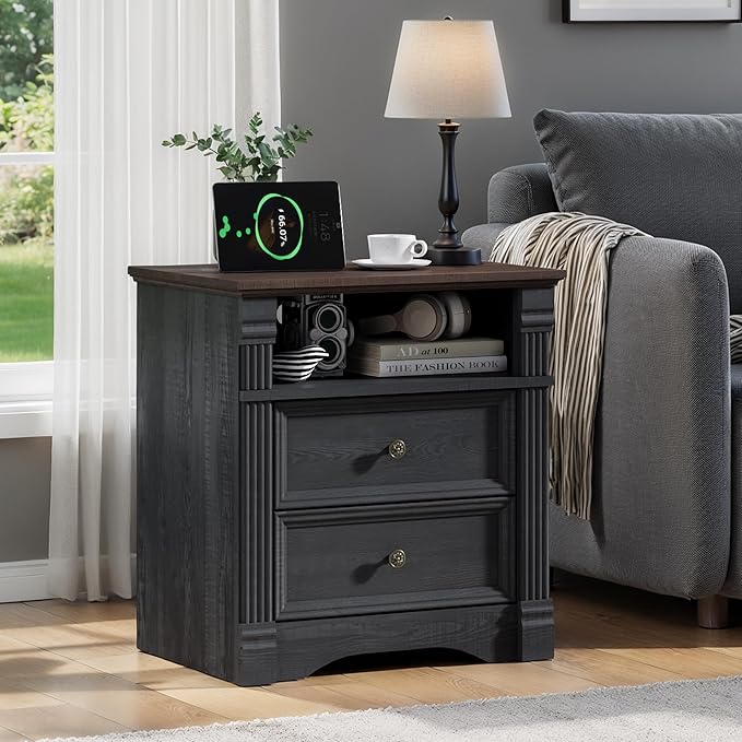 Yaamizz Farmhouse Nightstands with Charging Station, Table with Drawer and Storage Shelf, Wood Pilasters and Metal Handles, Vintage Design, Organizer for Bedroom, Hallway, Black