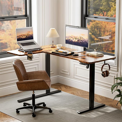 51" Reversiable L-Shaped Electric Standing Desk Adjustable Height Gaming Stand Up Corner Desk Sit Stand Home Office Computer Desk with Splice Board, Rustic Brown Top
