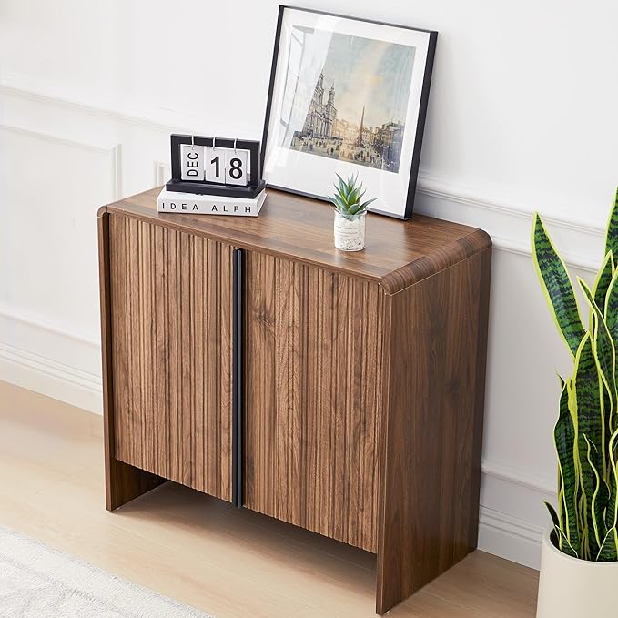 BERRYMERRY 2 Door Fluted Sideboard Buffet Cabinet with Storage, Modern Wood Cabinet with Adjustable Shelves for Living Room, Dining Room (Brown 4 Doors)