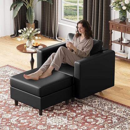 ABCASA Faux Leather Oversized Accent Chair with Storage Deep Seat Single Sofa Large Reading Armchair for Living Room Bedroom Office Black