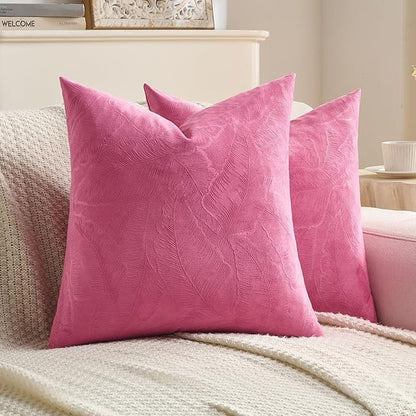 FUTEI Hot Pink Velvet Throw Pillow Covers 22x22 Inch Set of 2,Soft Embossed Leaf-Relief Textured Cushion Cases,Natural Home Decor for Couch Living Room