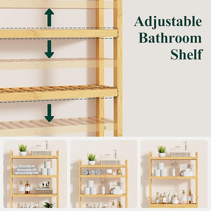 Smiry Over The Toilet Storage Cabinet, 4-Tier Bamboo Bathroom Organizers with Adjustable Shelf & 4 Hooks, Space Saving Shelf Rack for Bathrooms, Laundry Room, Balcony, Natural