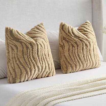 FUTEI Khaki Decorative Throw Pillow Covers 22x22 Inch Set of 2,Soft Faux Fur Geometric Shapes Texture Cushion Case,Boho Home Decor for Couch Bed Living Room