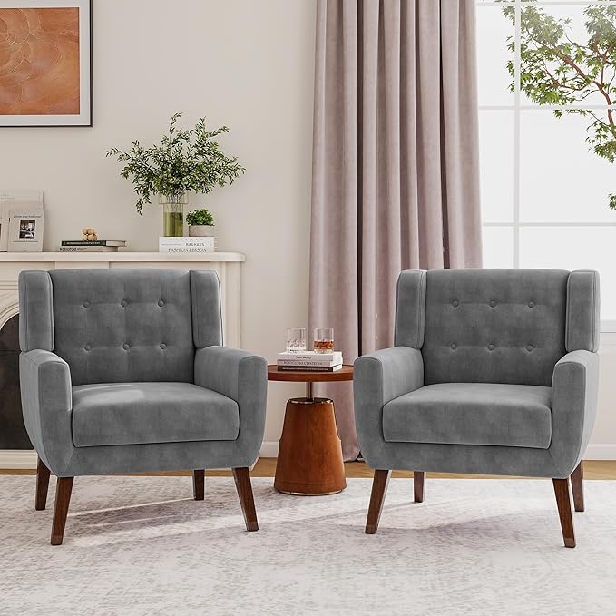 Lumibee Accent Chairs Set of 2, Velevet Fabric Armchairs for Living Room, Comfy Upholstered Arm Chairs Tufted for Indoor Bedroom Office Room (Gray Velvet)