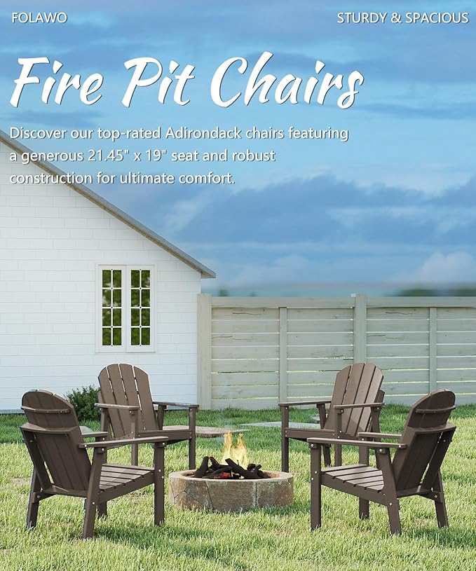 Adirondack Chair Set of 2, All Weather HDPE Fire Pit Chairs, Oversized Plastic Adirondack Chair for Outdoor, Balcony, Deck, Backyard, Patio, Garden, Poolside, Lawn Brown