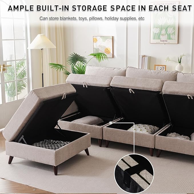 135'' Modular Sectional Sofa with All Seats Storage, Oversized U Shaped Couch for Living Room,4-Seater Comfy Cloud Couch with Movable Ottoman,Big Sectional for Bedroom,Velet,Khaki