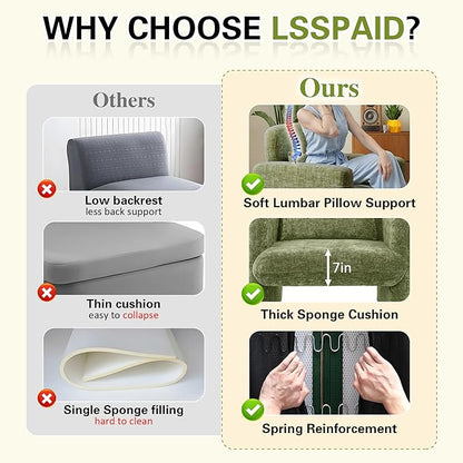 LSSPAID Modern Accent Chairs, Chenille Fabric Armchairs for Living Room, Comfy Upholstered Leisure Single Sofa Chair with Lumbar Pillow for Bedroom, Balcony, Office (Green, Set of 2)