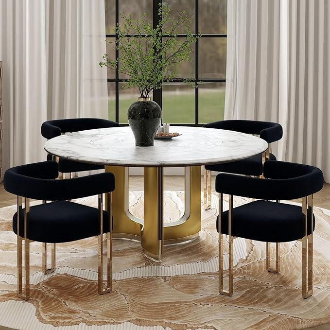 Set of 4 Black and Gold Modern Dining Chairs, Velvet Upholstered Barrel Armchairs with Metal Legs for Kitchen Island, Mid Century Accent Chairs for Dining Room Living Room, Open-Back