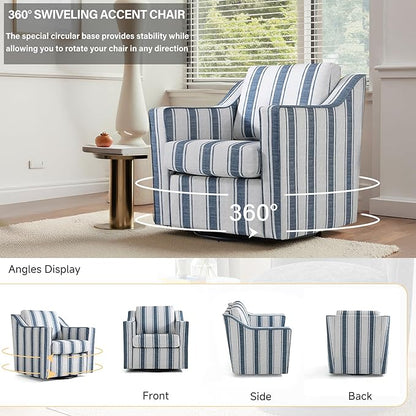 UIXE Swivel Accent Chairs Set of 2, Fabirc Upholstered Arm Chair for Living Room, Modern Club Armchair Comfy Single Sofa Bedroom Reading Seat with Lumbar Pillow - Navy Blue Stripe