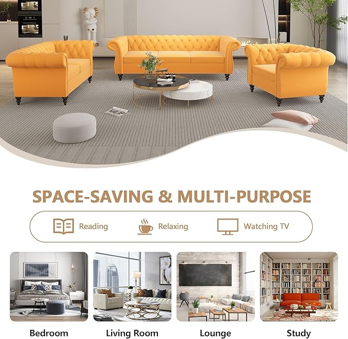 Accent Sofa Chair for Living Room, Mid Century Modern Velvet Upholstered Armchair, Oversized Comfy Single Couch Chair with Cushion, Tufted Chesterfield Sofa Couch for Home, Bedroom, Apartment (Yellow)