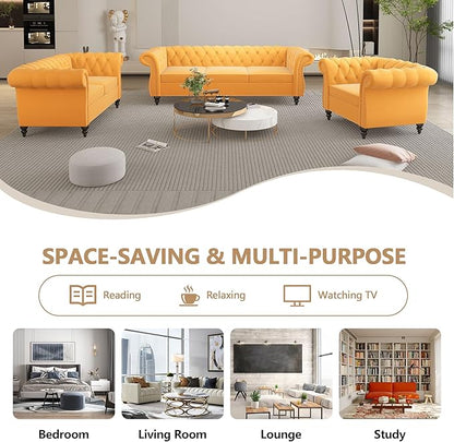 Accent Sofa Chair for Living Room, Mid Century Modern Velvet Upholstered Armchair, Oversized Comfy Single Couch Chair with Cushion, Tufted Chesterfield Sofa Couch for Home, Bedroom, Apartment (Yellow)