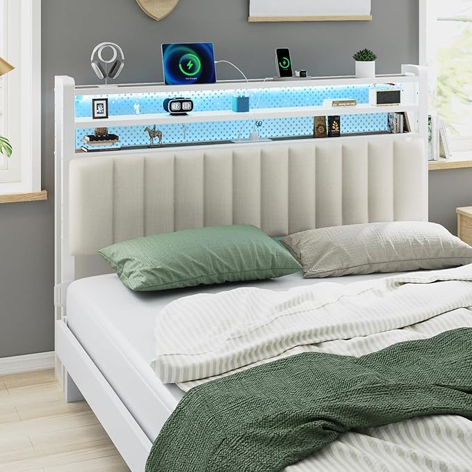 VINGLI Full Size Headboard Only, Adjustable Upholstered Headboard with 3 Tier Shelves and Pegboard with Charging Stations and LED Lights, Modern Bed Headboard with Storage for Bedroom Decor