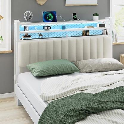 VINGLI Full Size Headboard Only, Adjustable Upholstered Headboard with 3 Tier Shelves and Pegboard with Charging Stations and LED Lights, Modern Bed Headboard with Storage for Bedroom Decor