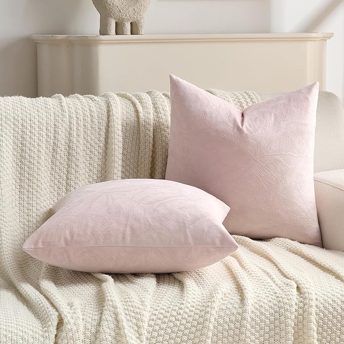 FUTEI Pink Velvet Throw Pillow Covers 24x24 Inch Set of 2,Soft Embossed Leaf-Relief Textured European Cushion Cases,Natural Home Decor for Couch Living Room