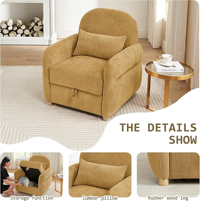 33.5" Mordern Accent Chairs,Reading Chair with Storage,Single Sofa in Chenille Fabric for Living Room, Bedroom and Compact Spaces. (Ginger Yellow)