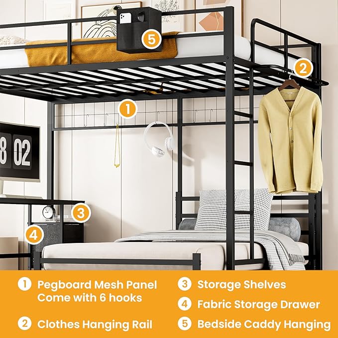 Queen Over Twin Bunk Bed with Desk - Detachable Queen Loft Bed with Drawers & Shelves, L-Shaped Create Spacious Home Office or Lounge Underneath - Sturdy Metal Frame Family-Friendly for All Ages