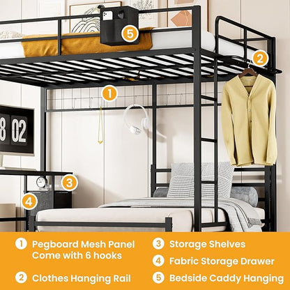 Queen Over Twin Bunk Bed with Desk - Detachable Queen Loft Bed with Drawers & Shelves, L-Shaped Create Spacious Home Office or Lounge Underneath - Sturdy Metal Frame Family-Friendly for All Ages