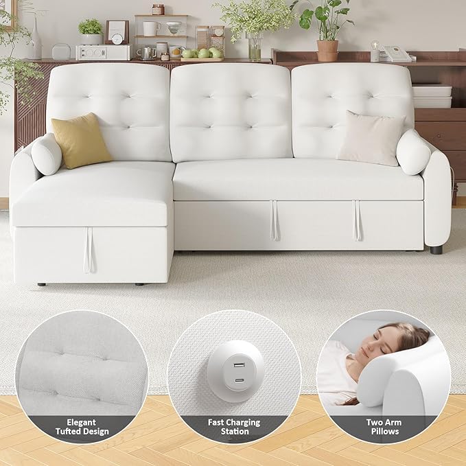 Ucloveria Sleeper Sofa Bed, 86" Convertible Sectional Sofa Couches for Living Room, Pull Out Couch Bed with Reversible Storage Chaise | USB Ports | Side Pockets | Removable Backrest