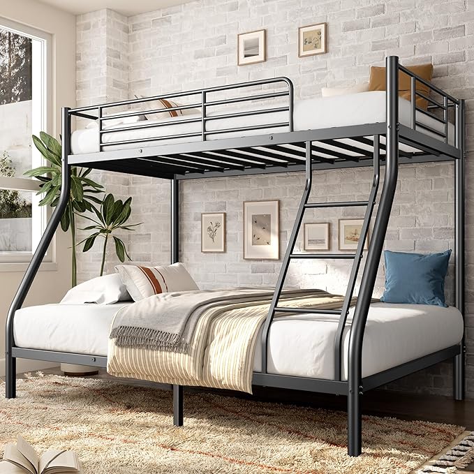 Bunk Beds Twin Over Full Size, Heavy Duty Metal Bunk Bed Frame with Angled Ladder for Teens and Adults, for Spaces-Saving, Smooth Rounded Edges, Noise Free & Easy Assembly, Black