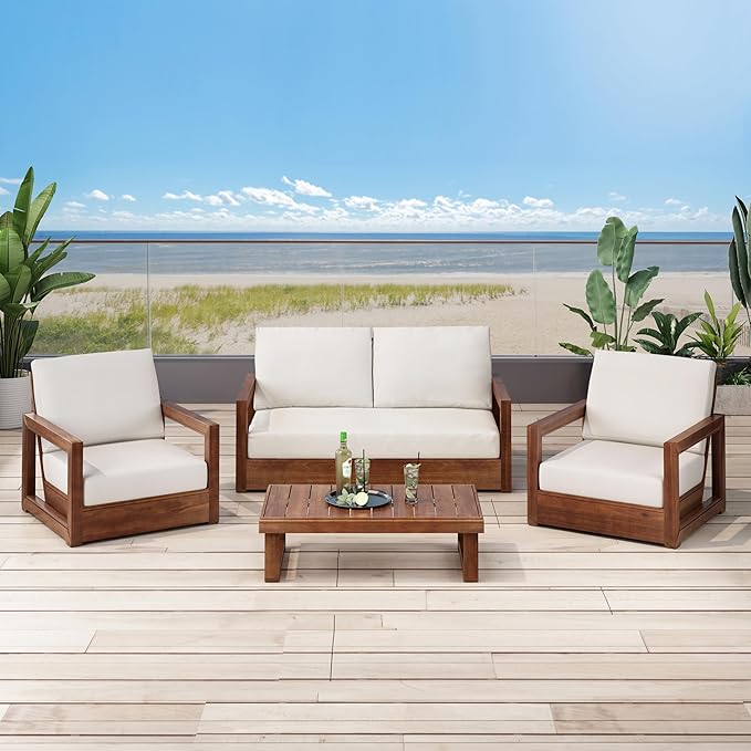 Christopher Knight Home Olaf 4 Pieces Outdoor Conversation Set, Acacia Wood Chat Set, Rectangular Coffee Table and Patio Loveseat with 2 Club Chairs, Patio Furniture Set with Cushion, Beige+Mocha