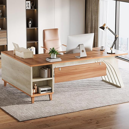 Tribesigns 78" Large L-Shaped Executive Desk, Modern Office Desk with Lateral File Cabinet and Drawer, Home Business Computer Workstation Set with Storage Shelves, Walnut & Oak