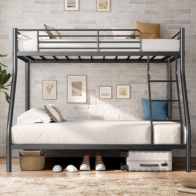 Bellemave Twin Over Full Bunk Bed for Teens, Twin Over Full Bunk Bed Frame with Build in Ladder and Full Length Guardrail, Easy Assemble Bunkbeds, Mattress Not Included, Black