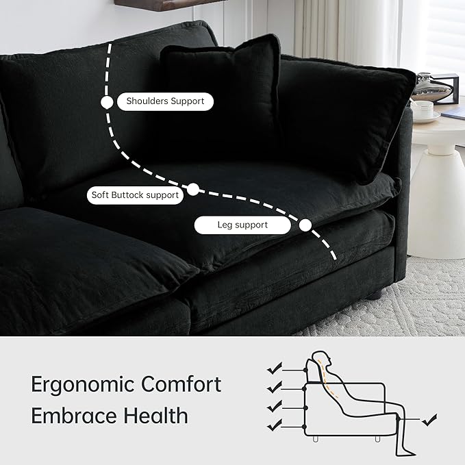 Modular Sectional Sofa, 111.5 Inch L-Shaped Cloud Sofa with Deep Seat Chenille Sofa with Cushions, Three-Self Sectional Sofa for Living Room Apartment,Black