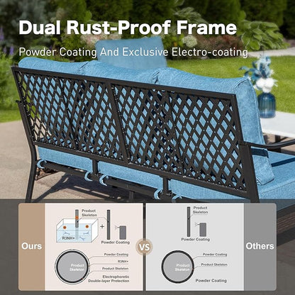 5 Piece Metal Outdoor Patio Furniture Set, Patio Conversation Setsv with 3-Seater Sofa, Loveseat, 2 Fixed Sofa (5.75" Thick Cushion) & Coffee Table Black Backyard Furniture, Denim Blue