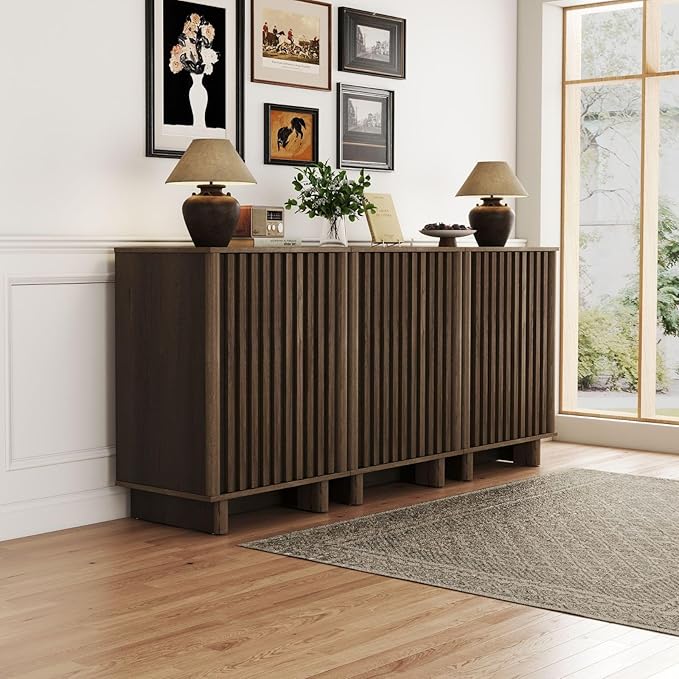 Walnut Storage Cabinet Set, Freestanding Floor Cabinet 23.6” Farmhouse Sideboard with 2 Fluted Doors Wooden Buffet Cabinet Media Console Table Credenza for Living Room Dining Room Hallway, Singe